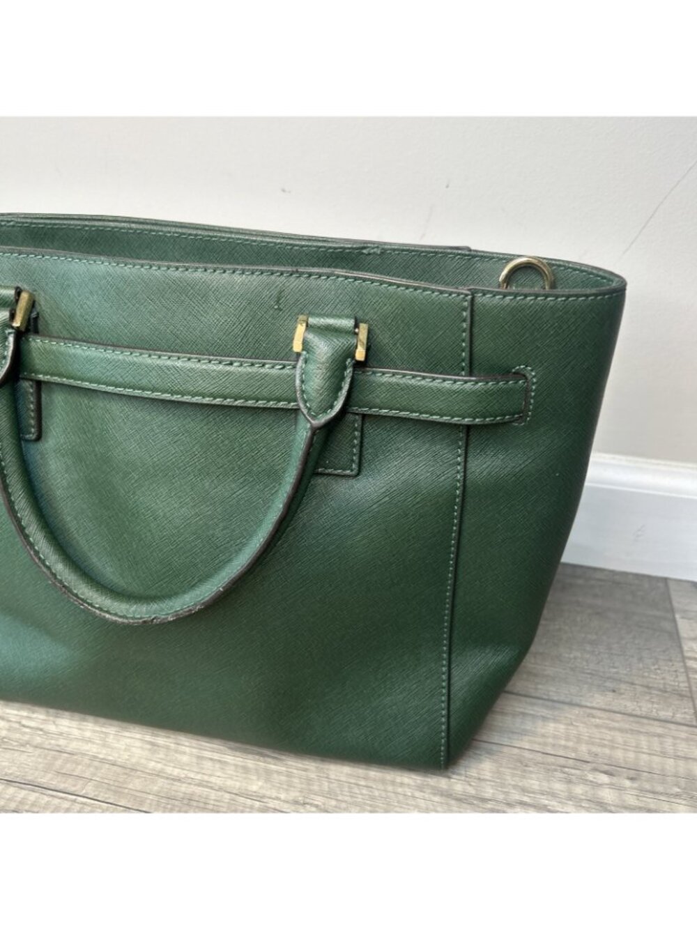 Michael Kors Green Hamilton Gold Studded Saffiano Leather Tote Purse Bag Preppy - Picture 8 of 16